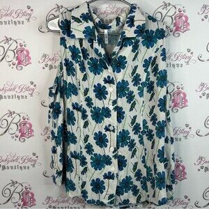 Blue Sky tank top linen and bamboo Floral Button-Up Blouse - Blue and White